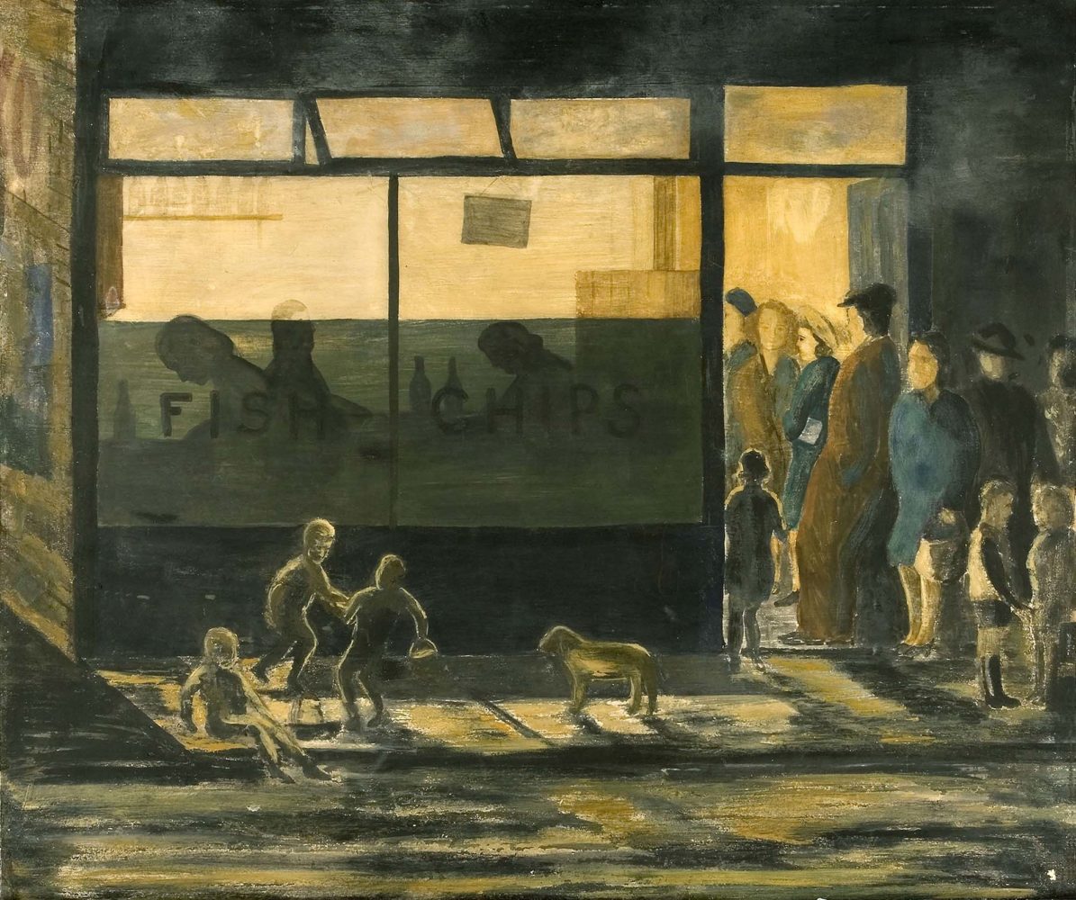 Fish and Chips by Fred Laidler, 1948. Oil on Card © Ashington Group Trustees.